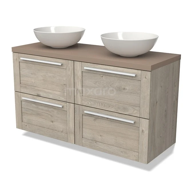 Bathroom unit wood-look with double basin, modern design, four drawers and ceramic top bowls.