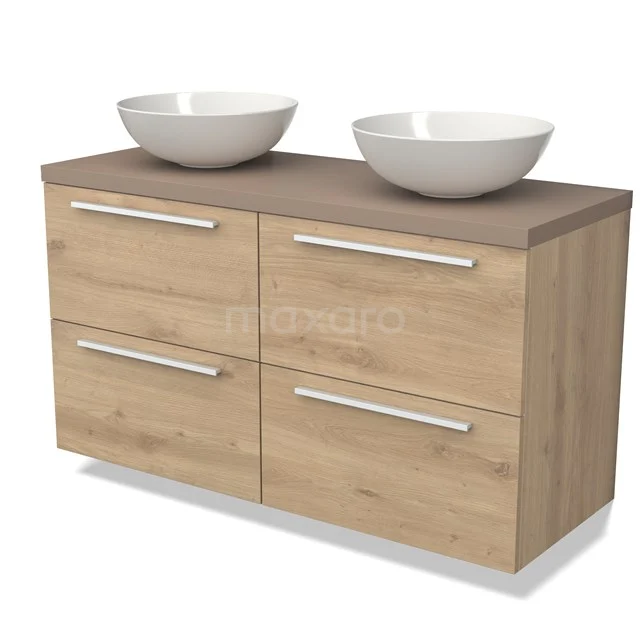 Oak bathroom unit with two white ceramic countertop wash basins, four drawers and a modern design.