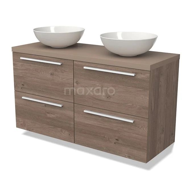 Modern bathroom unit with double sinks, wood-look finish and Riva series design.