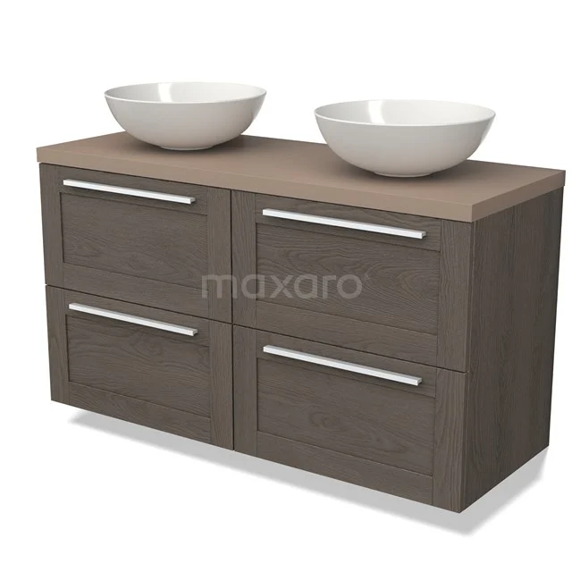 Dark wood bathroom unit with double basin bowls and four drawers, modern design for stylish bathroom design.