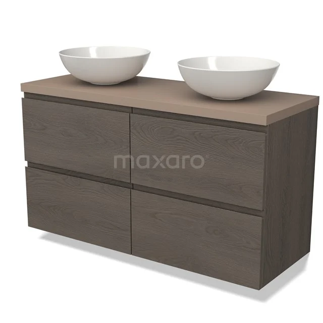 Modulo Plato Vanity units for countertop basin | 120 cm Dark brown oak Handle-less front Taupe worktop 4 drawers BMK18-01635