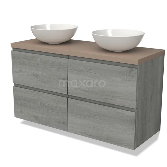 Modulo Plato Badmöbel mit Aufsatzwaschbecken | 120 cm Graue Eiche Rahmen front Taupe blatt 4 Schubladen BMK18-01637 Graues Holz-Badmöbel mit Doppelwaschbecken, modernes Design, ideal für organisierte Bäder.