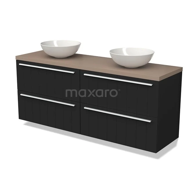 Black floating bathroom unit with double sink, wooden worktop and chrome handle strips, modern and sleek design.