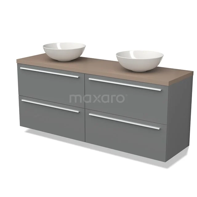 Grey bathroom cabinet with wooden worktop, four drawers and double white countertop wash basins, modern design for stylish bathrooms.