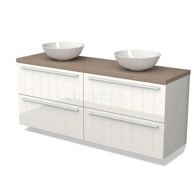 White wooden bathroom unit with four drawers, wood-look worktop and double basins, ideal for a modern bathroom style.