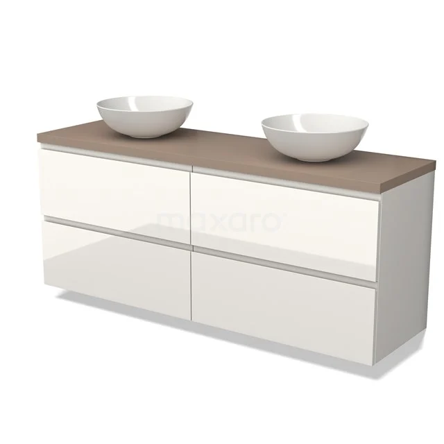 White Bathroom unit with glossy finish, wooden top and double ceramic basin; modern design for stylish bathrooms.