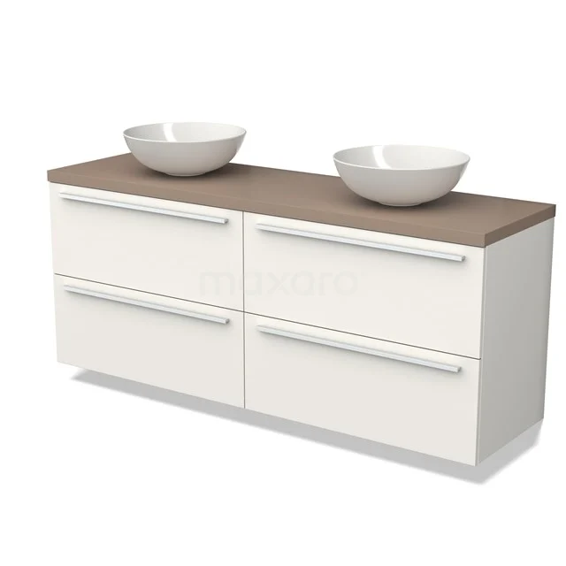 Moderne weiße Badmöbel mit Holzplatte und Doppelwaschbecken, ideal für stilvolle Badezimmerlagerung.