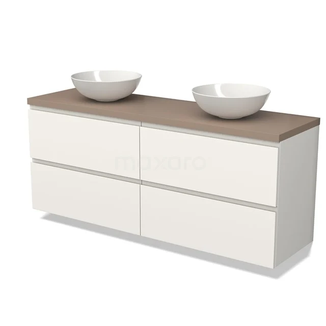 Weißes Badmöbel mit doppelten Aufsatzwaschbecken, Holzplatte und grifflosen Schubladen, modernes Design für stilvolle Bäder.