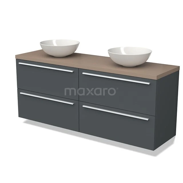 Anthracite-grey bathroom unit with wood-look worktop, double countertop wash basins and four drawers, modern design for the bathroom.