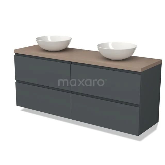 Dark grey bathroom unit with wooden worktop, double vanity units for countertop wash basins and sleek design, ideal for modern bathroom design.
