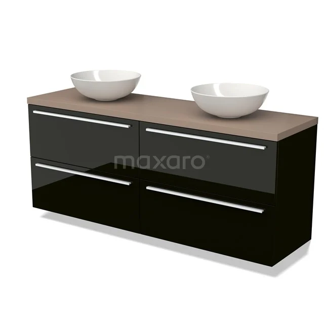 Schwarz Hochglanz-Badmöbel mit doppelter Platte in Holzoptik und zwei weißen Aufsatzwaschbecken, modernes Design.