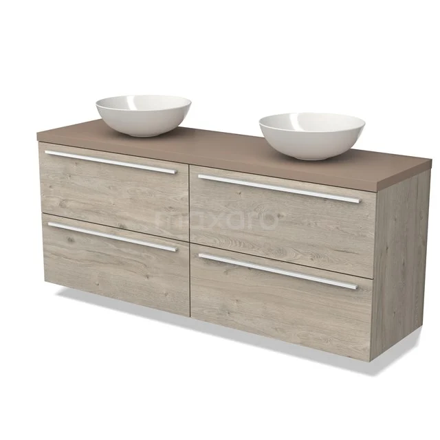 Wooden bathroom unit with double countertop wash basins, Oak look, four drawers and sleek chrome handles.