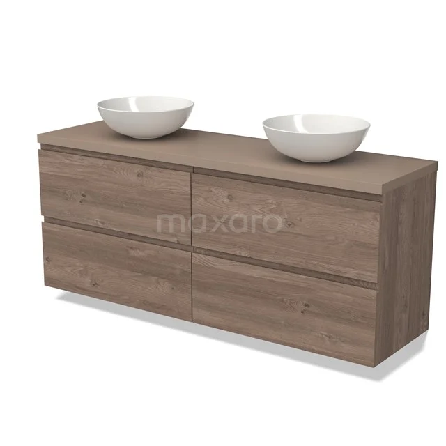 Wooden bathroom unit with double basin, modern design, warm oak look and four spacious drawers.