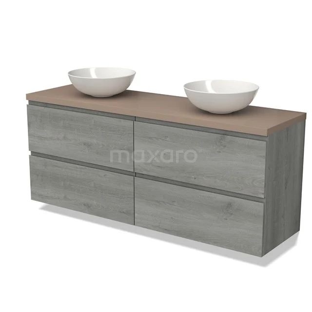 Grijs eikenhouten badkamermeubel met twee witte keramische opbouwwastafels en vier lades, modern design.