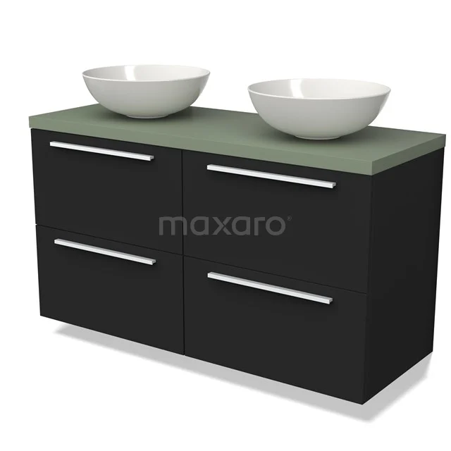Zwart badkamermeubel met olijfgroene wastafelblad, keramische dubbele kommen en metalen handgrepen, modern ontwerp.