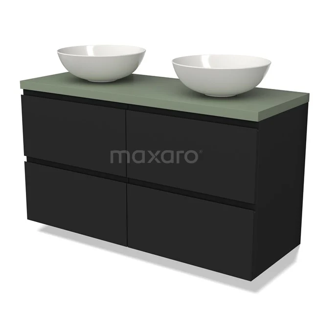 Zwart badkamermeubel met matgroen blad en dubbele witte wastafels, modern design, ideaal voor een stijlvolle badkamer.