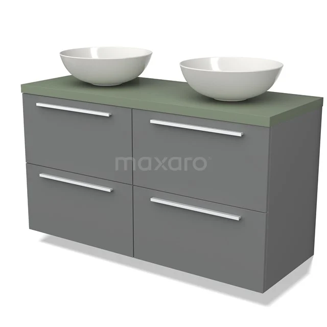 Grauer Badschrank mit grüner Platte und zwei weißen Aufsatzwaschbecken, modernes Design mit schlanken Schubladen und chromfarbigen Haltegriffen.