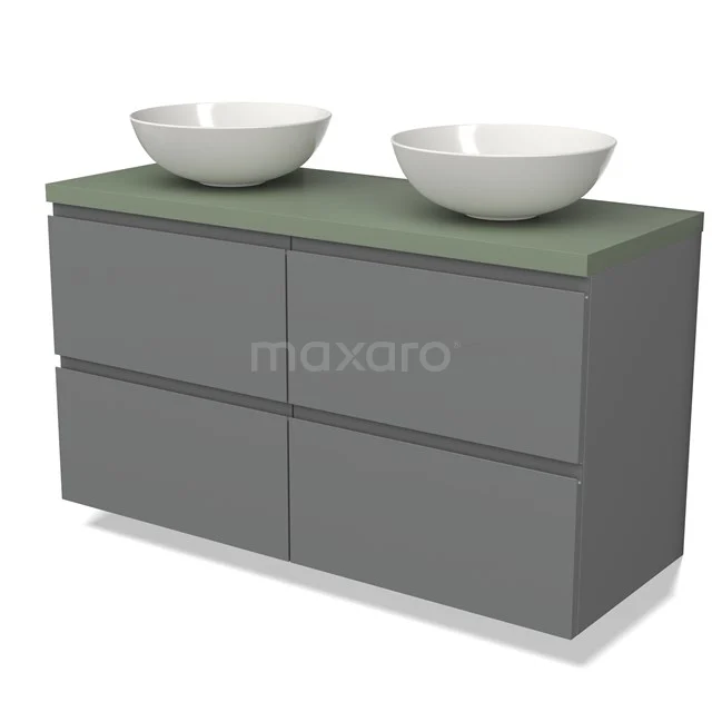 Grijze badkamermeubelset met 4 lades, groene bovenblad en 2 witte waskommen, modern design van duurzaam materiaal.