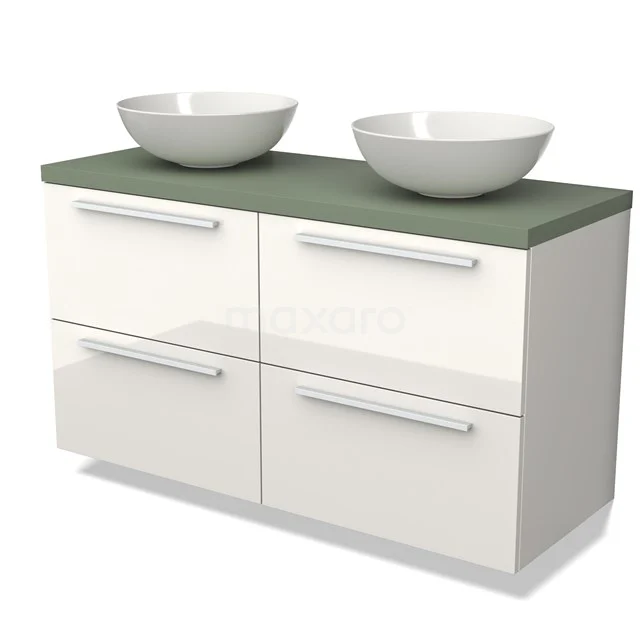 Weißes Badezimmermöbel mit vier Schubladen, grüner Arbeitsplatte und zwei runden Aufsatzwaschbecken, modernes Design.