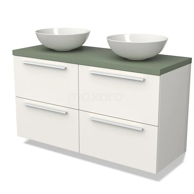 Weißes Badmöbel mit doppelten Aufsatzwaschbecken, grüner Platte und vier Schubladen, modernes Design für einen klaren Badezimmerstil.