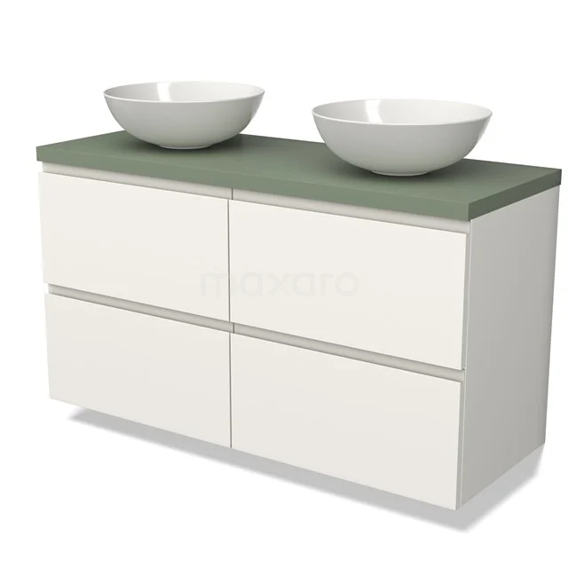 Waschtischunterschrank mit Konsole BMK18-01682 Weiße Badmöbelset mit grünem Platten, 4 Schubladen und 2 runden Aufsatzwaschbecken, modernes Design ideal für stilvolle Bäder.