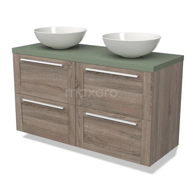 Holz-Badmöbel mit grünem Waschtischplatte und zwei weißen, schalenförmigen Waschbecken, modernes Design mit vier Schubladen.