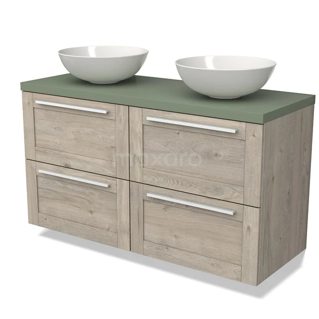 Wooden bathroom unit with green worktop, double white drawers and four drawers, ideal for stylish bathroom spaces.