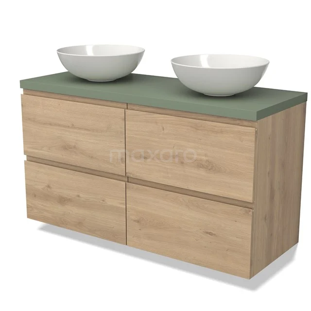 Modulo Plato Vanity units for countertop basin | 120 cm Light brown oak Handle-less front Sage green worktop 4 drawers BMK18-01693