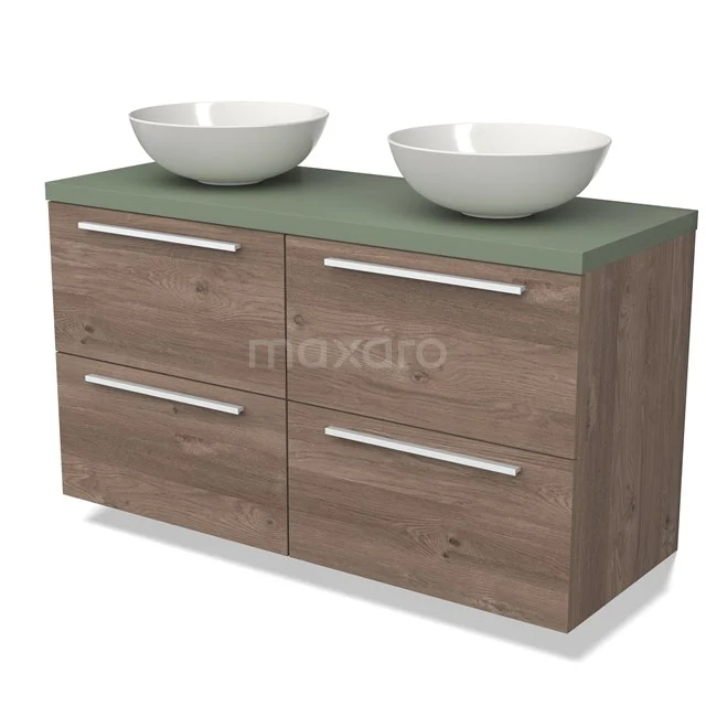 Wooden bathroom unit with natural green worktop and double white bowls, modern design with four drawers and chrome handles.