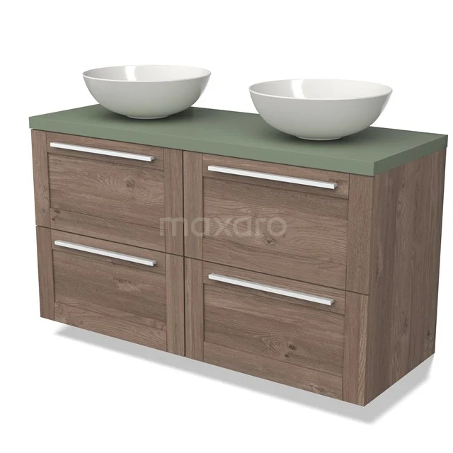 Wooden bathroom unit with double basin, green top and silver handles, modern design for stylish bathrooms.