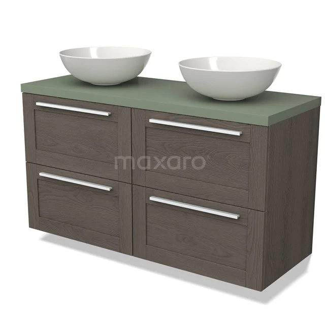 Dark wood bathroom unit with two white countertop wash basins and green glass top, modern design with four drawers.