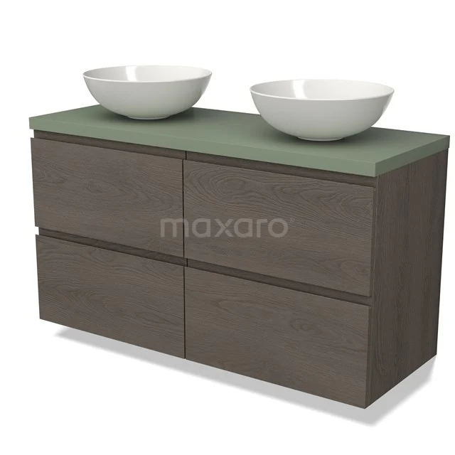Modulo Plato Vanity units for countertop basin | 120 cm Dark brown oak Handle-less front Sage green worktop 4 drawers BMK18-01699