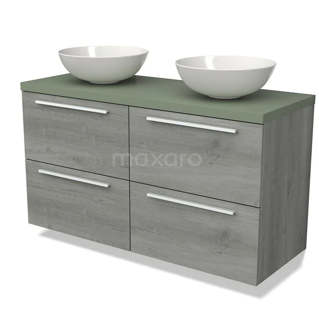 Grey wooden bathroom unit with double countertop wash basins, green worktop and four drawers, ideal for modern bathrooms.