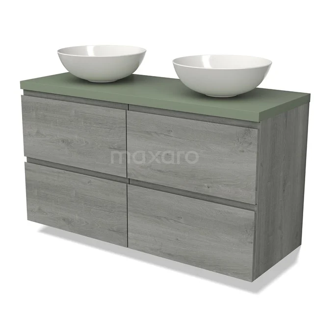 Grey wooden bathroom unit with green top, double white vanity units for countertop wash basins and modern design; ideal for stylish bathrooms.