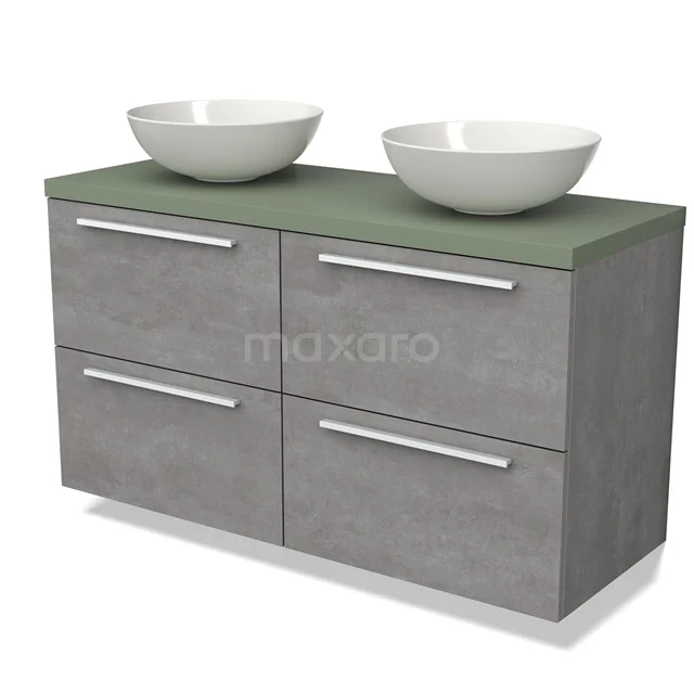 Grey bathroom furniture set with concrete look, green basin worktop and double basin worktops for a modern bathroom style.