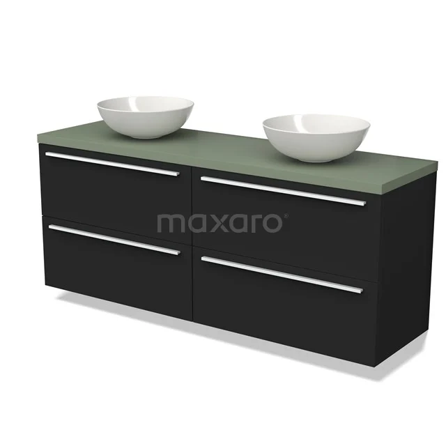 Black bathroom furniture set with double basin, green glass top, sleek drawers, ideal for a modern bathroom.