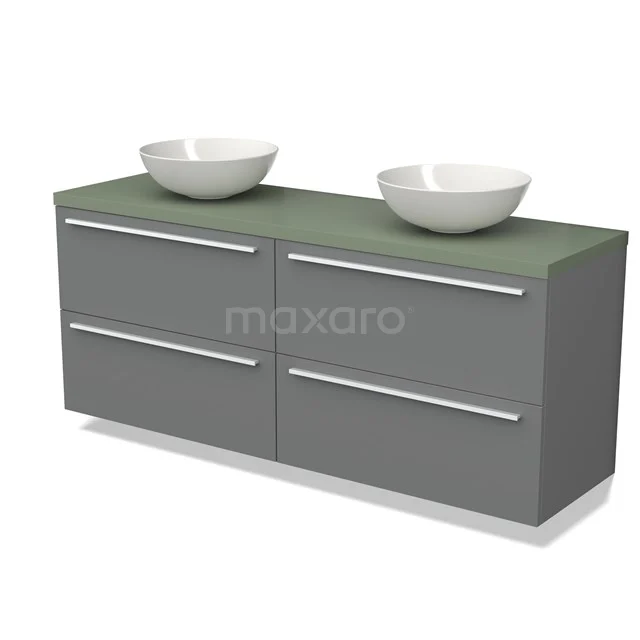 Grey double vanity unit with green top and white ceramic countertop wash basins, ideal for modern bathroom design.