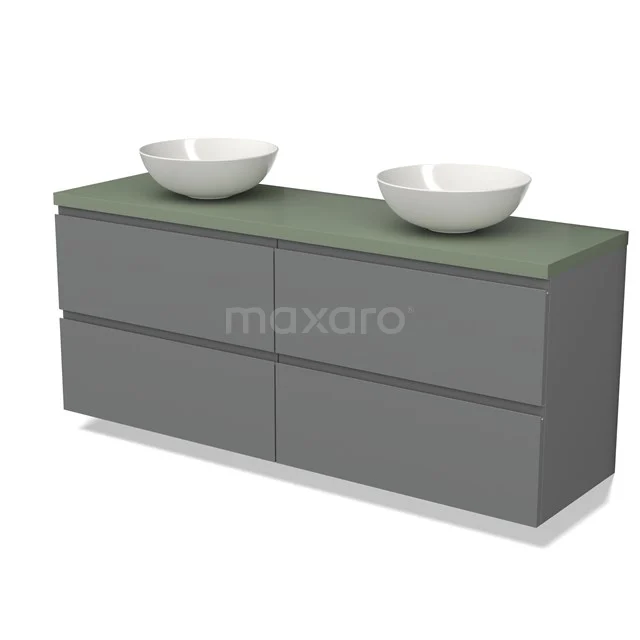 Grey bathroom furniture set with green worktop, four drawers and two white countertop wash basins, modern design, functional storage system.