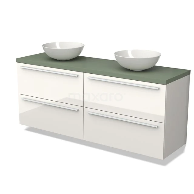White double bathroom unit with green top and two ceramic countertop wash basins, modern design and spacious drawers.
