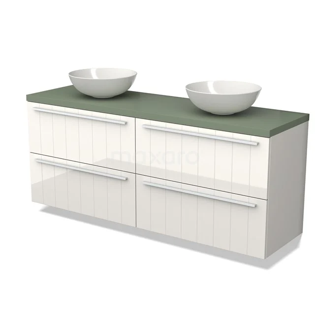 White double bathroom unit with green top, ceramic round countertop wash basins and drawer panels with wood grain pattern.