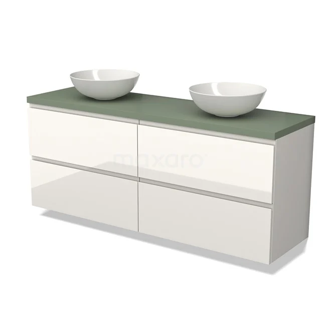 Double vanity base unit high-gloss white with green marble top and stylish countertop wash basins, ideal for modern bathrooms.