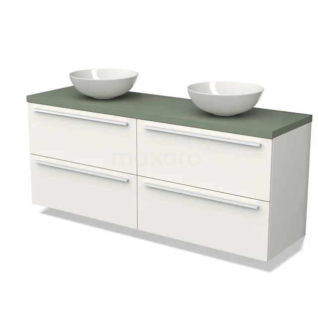Weiße doppelte Badmöbelset mit grünem Platte, keramischen Aufsatzwaschbecken und vier Schubladen für praktische Aufbewahrung.