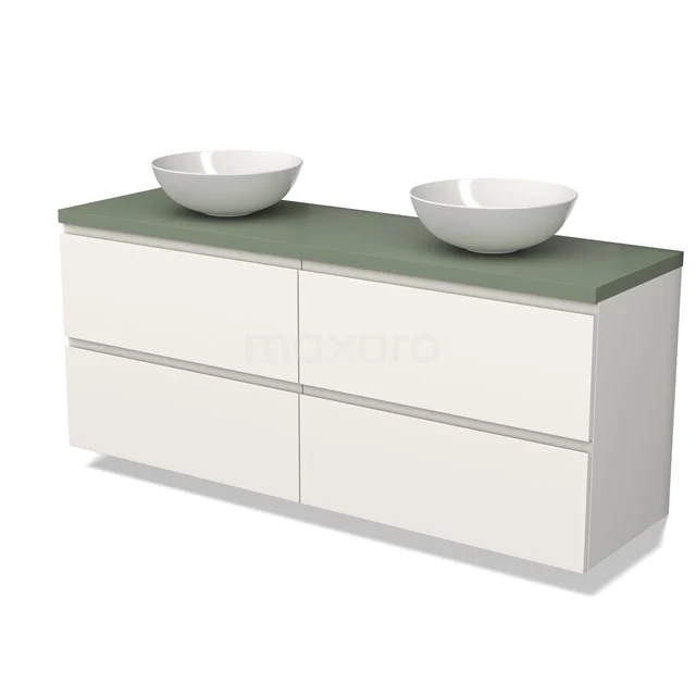 Waschtischunterschrank mit Konsole BMK18-01714 Weißes Badezimmermöbel mit grünem Platte, doppelten Aufsatzwaschbecken, straffes Design, perfekt für moderne Bäder.