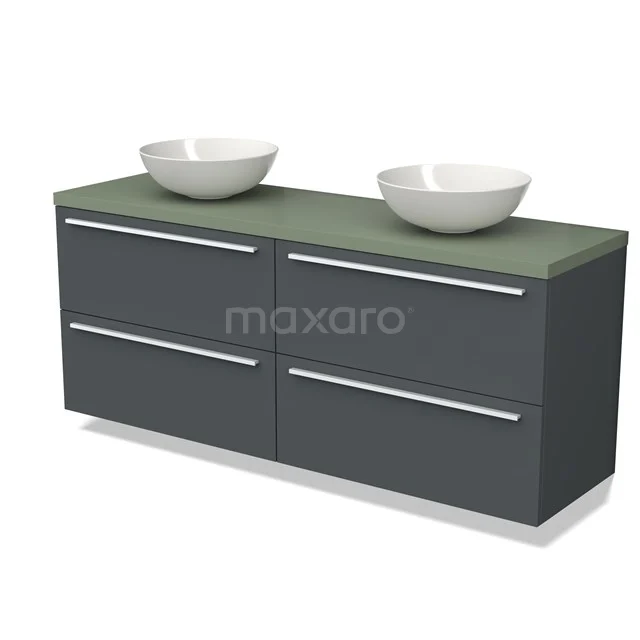 Dark grey bathroom furniture set with double basin, green glass worktop and sleek design, ideal for modern bathrooms.