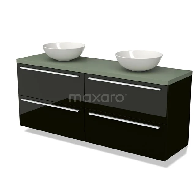 Black high-gloss bathroom unit with double basin, glass worktop and sleek design for modern bathrooms.