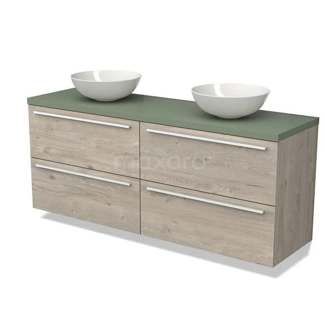Wooden bathroom unit with two white countertop wash basins, green top and four drawers, modern design for stylish bathrooms.