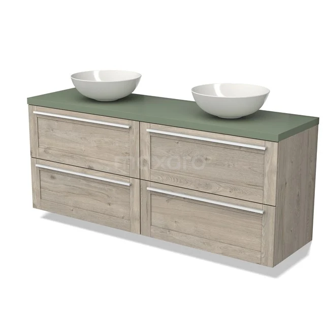 Wooden bathroom unit with green mat and double basins, modern design with four drawers for practical storage space.
