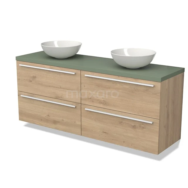 Wooden bathroom unit with two countertop wash basins, green top, four drawers and sleek design for modern bathroom design.