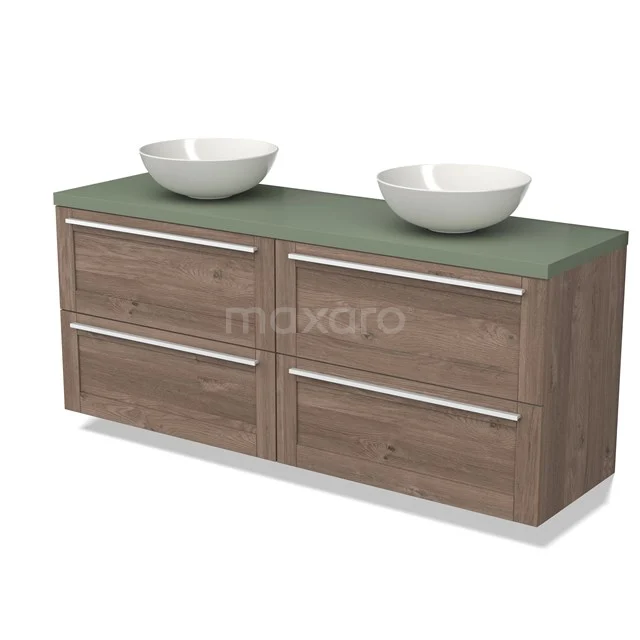 Wooden bathroom unit with green worktop, four drawers and two white basins, ideal for a modern bathroom design.