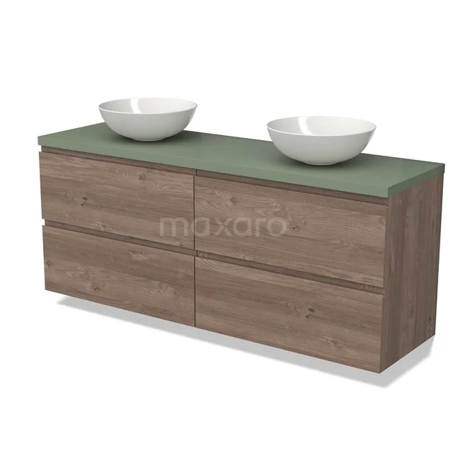 Wooden bathroom unit with green worktop, double basin and modern drawers. Perfect for stylish bathroom storage.